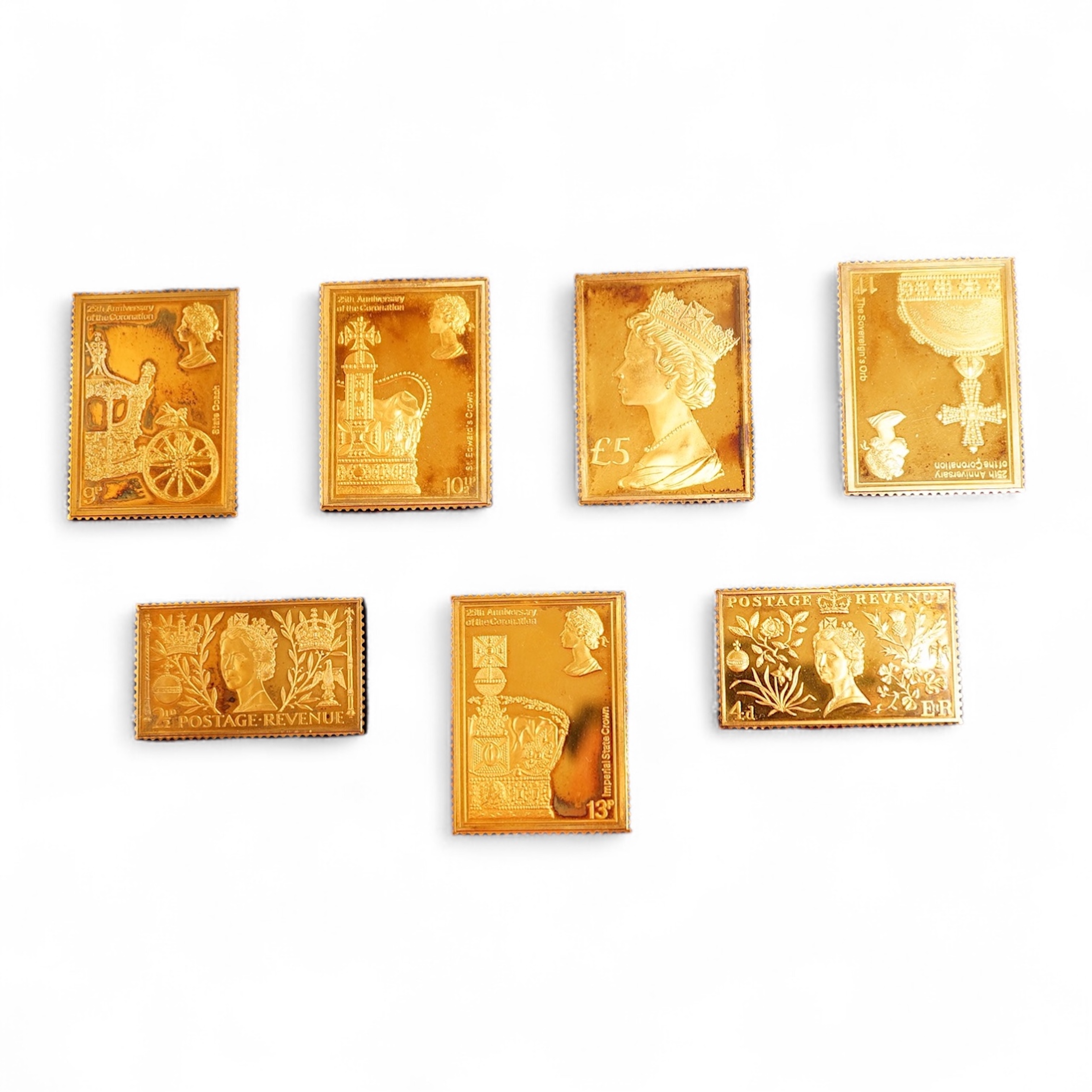 Hallmark Collections, 'The Coronation Issue 1953-1978' Collection of seven silver gilt replica stamps, in case with certificate